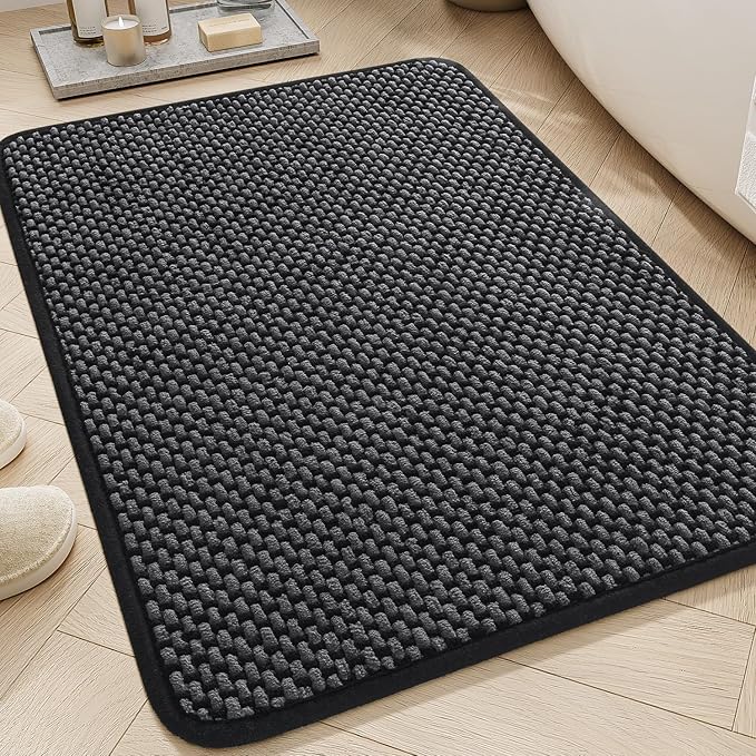 AMOAMI Chenille Bath Mat Super Absorbent Bathroom Mat Quick Dry Bath Mats for Bathroom Rubber Backed Bathroom Rugs Non Slip Washable Fit Under Door, Front of Bathtub, Sink, Darkgrey&Black 17"x24"