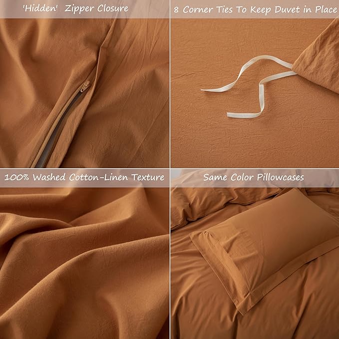 Linen Feel Duvet Cover King Size 104inch x 90inch,100% Washed Cotton Duvet Cover with Zipper Closure and 2 Pillowcases, Color of Burnt Orange