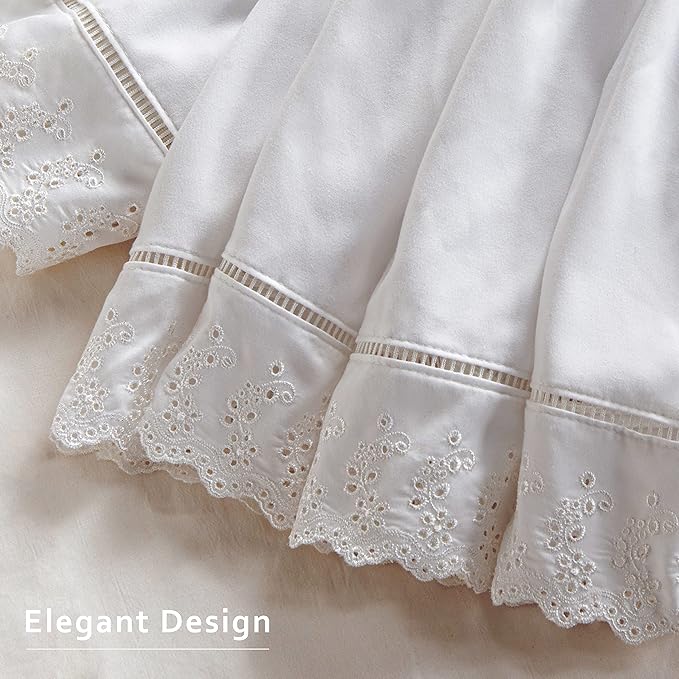 MIYE Wrap Around Ruffled Lace Bed Skirt, Elastic Dust Ruffle with Adjustable Belts,15 Inch Drop Easy to Put On, Bed Frame Cover, Machine Washable (Embroidered, King/Queen-15)