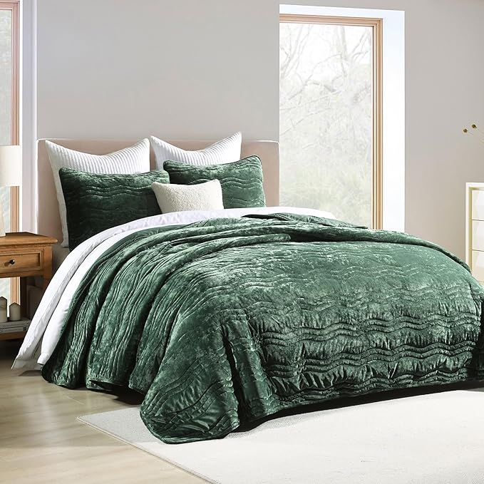 Luxury Velvet Queen Comforter Set, Green Queen Size Comforter Sets, Emerald Green Queen Quilt Bedding Set, Luxurious Plush Bedspreaqd Sets,Soft Lightweight Bedding for All Season