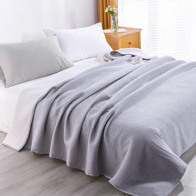 NTBAY 3 Layers Cotton Muslin 68x92 Twin Bed Blanket, Super Soft Breathable Thermal Yarn Dyed Quilt for Adults, Perfect Lightweight Blanket for Couch Sofa Bed All Seasons, Grey Dot