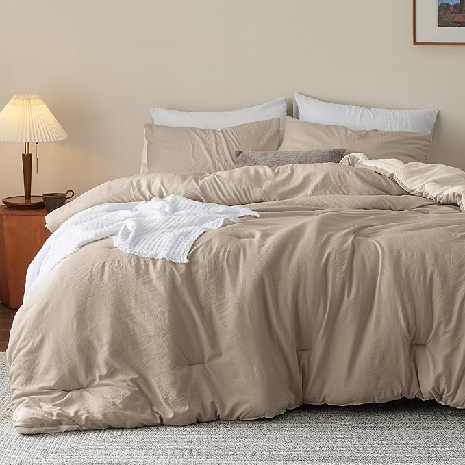 Bedsure Twin/Twin XL Comforter Set, Reversible Khaki Soft Prewashed Bedding for All Seasons, 2 Pieces Warm Down Alternative Bed Set, 1 Lightweight Comforter (68"x88") and 1 Pillowcase
