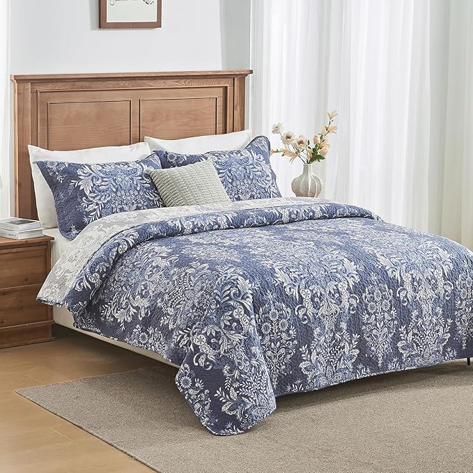 100% Cotton Quilt Set Queen Size - Damask Pattern Quilted Comforter, Vintage Reversible Queen Quilt Bedspread, Lightweight Bedding for Queen Bed, 3pcs, Blue