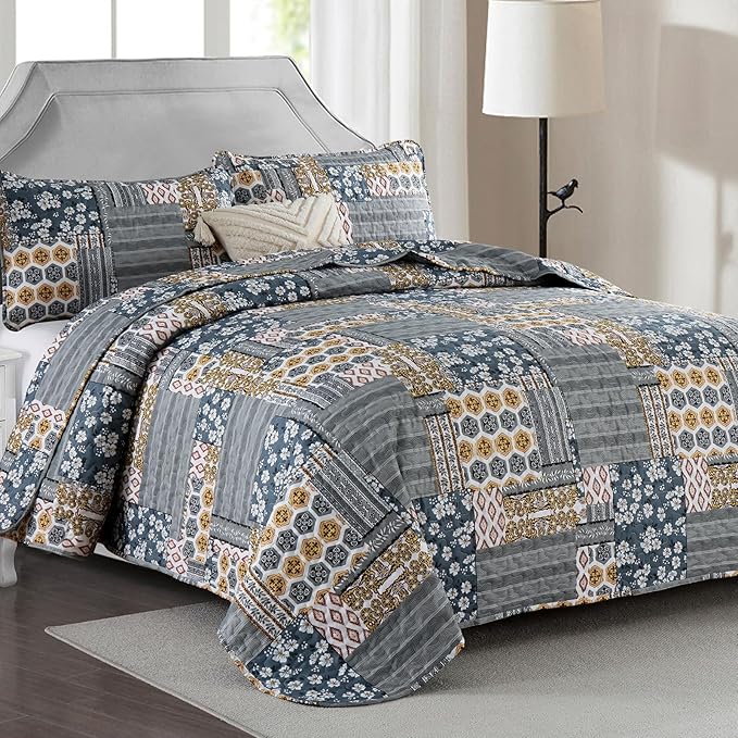 Mybedsoul Dark Grey Quilt Set Queen Size, 3 Pieces Plaid Floral Bedspread Set Patchwork Reversible Bedding Set Microfiber Lightweight Bedspread Coverlet Set for All Season 96"x90"