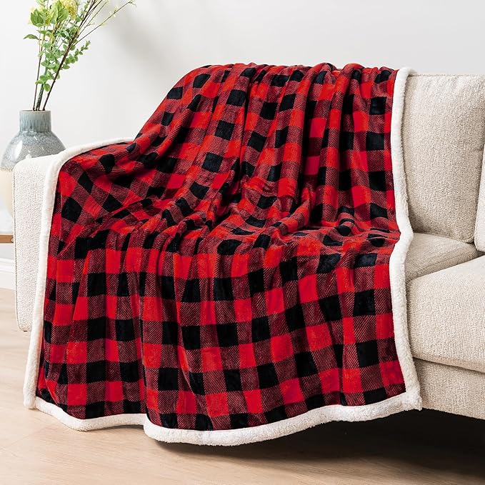 PAVILIA Black and Red Buffalo Plaid Sherpa Throw Blanket for Couch Twin, Soft Fuzzy Flannel Blanket for Bed, Plush Checkered Fleece Blanket and Throws, Warm Thick Winter Blanket Gift, 60x80