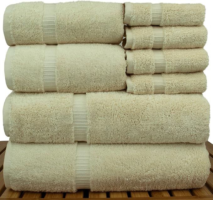 Luxury Hotel & Spa Quality, Highly Absorbent 100% Turkish Cotton, 750+ GSM, Eco Friendly Towel, Bathroom and Kitchen Dobby Border Towels, 2 Bath Towel, 2 Hand Towel, 4 Washcloths (8 Piece, Beige)