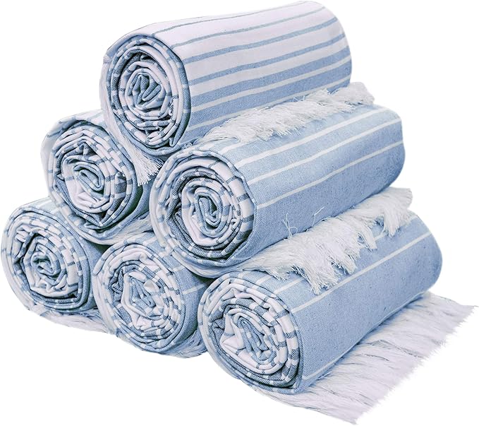 Native Fab Turkish Stripe Beach Towels Set of 6-40x71 Inches 100% Cotton Quick Dry Lightweight - Extra Large Thin Sand Free Peshtemal Towel for Adults Travel Bath Spa Pool Gym Camp, Navy Blue