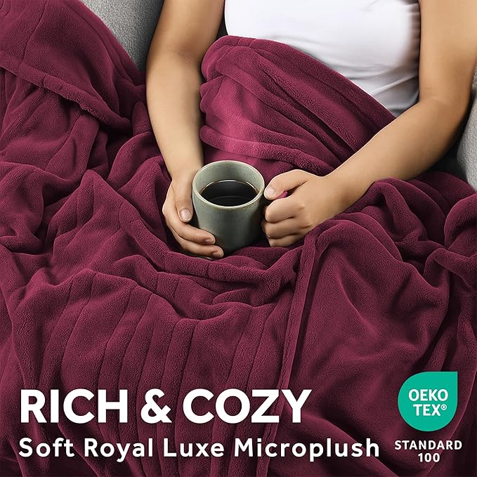 Sunbeam Electric Royal Luxe Microplush Heated Blanket, 12 Heat Settings, 12-Hour Auto Shut-Off, Fast Heating, Warm & Cozy, Machine Washable, Cabernet Color, Queen (90" x 84")