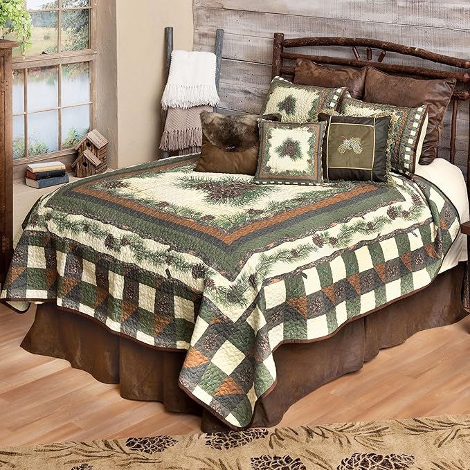 BLACK FOREST DECOR Woodland Pinecones Quilt Bed Set - King, Rustic Lodge Pinecone Quilt Bedding - 110" x 96"
