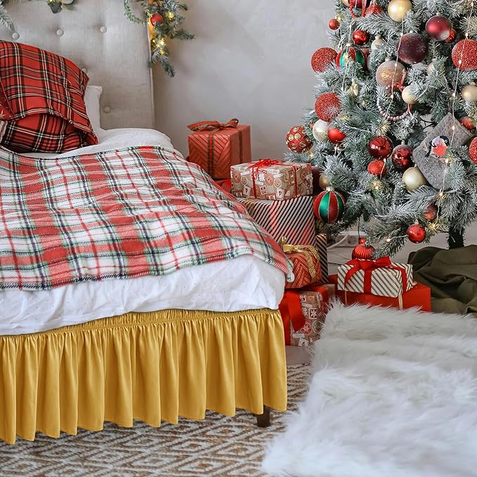 Biscaynebay Wrap Around Bed Skirts for Full & Full XL Beds 15" Drop, Christmas Gold Adjustable Elastic Dust Ruffles Easy Fit Wrinkle & Fade Resistant Silky Luxurious Fabric Machine Washable