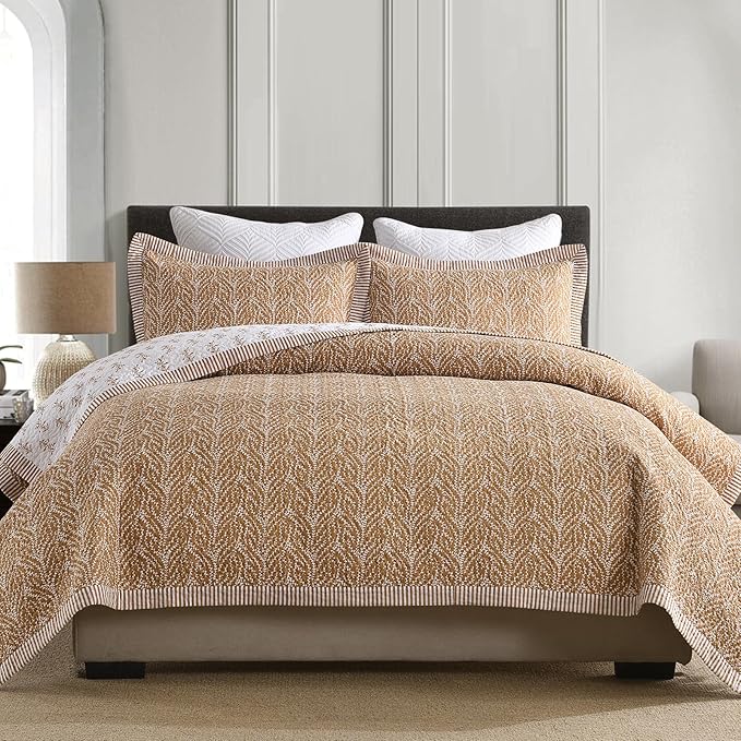 Quilt Set King Size - 100% Cotton Floral Reversible Bedspread Bedding Set, Lightweight Bed Quilts Botanical Pattern Comforter Cover with 2 Pillow Shams, 3-Piece All Season, Orange, 98x106