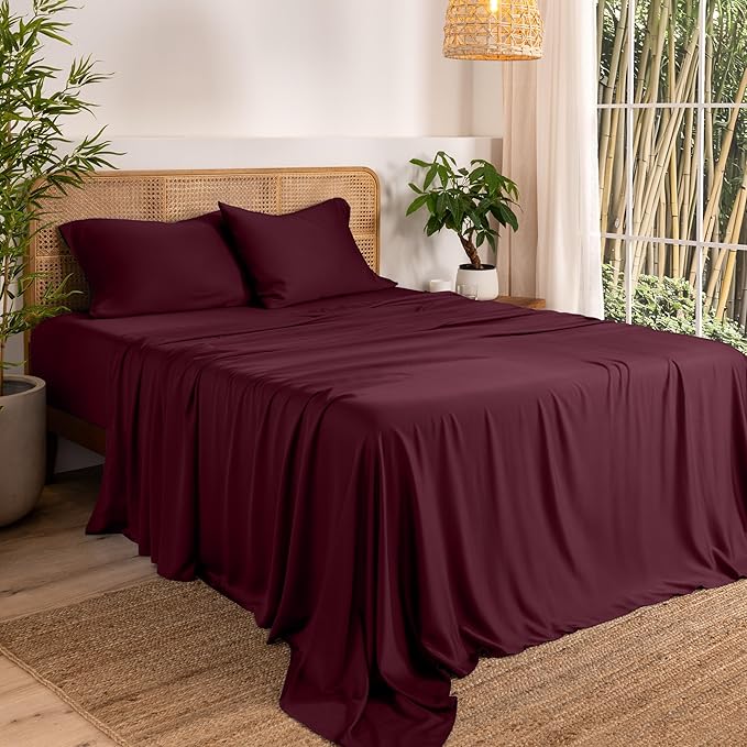 Bare Home 100% Rayon Made from Bamboo King Sheet Set - 4 Piece Bedding Set - Deep Pockets - Breathable - Easy Fit - Bedding Sheets & Pillowcases (King, Burgundy)