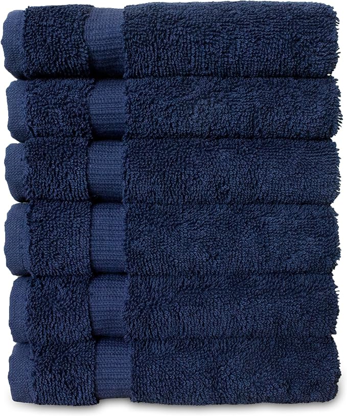 Luxury Hotel & Spa Towel Turkish Cotton Washcloths - Navy - Dobby Border - Set of 6