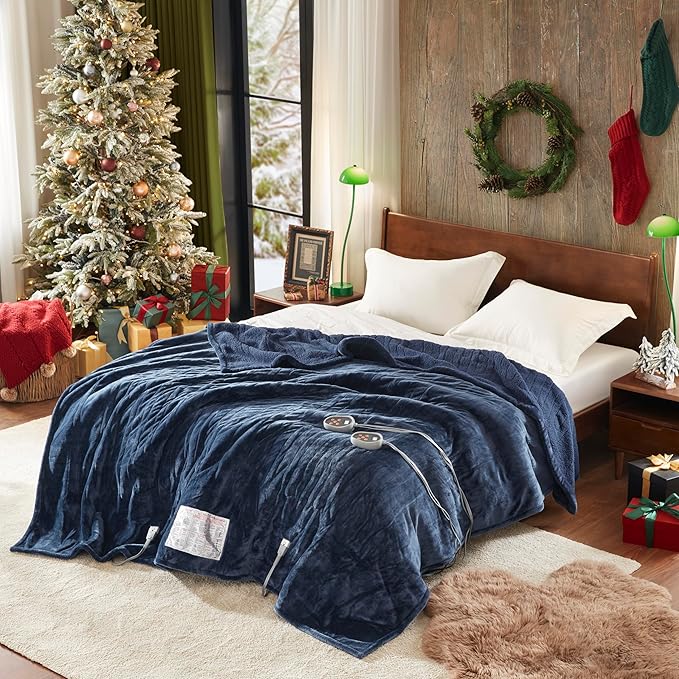 Beautyrest Heated Blanket, Electric Blanket, Soft, Warm, Reversible Plush - Sherpa Heating Blanket with 20 Heat Settings, 1-10 hrs Timer Auto Shut Off, Machine Washable, Queen (90 inx84 in), Indigo