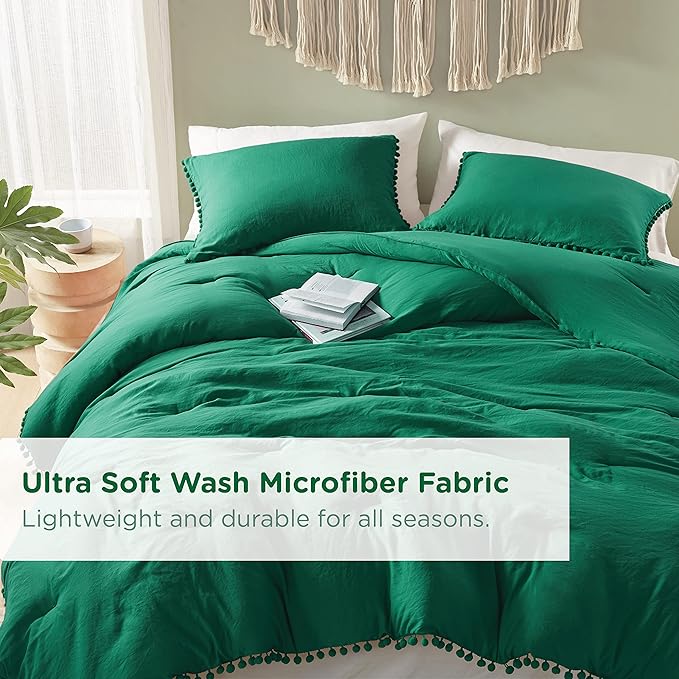 Codi Emerald Green Boho Twin Comforter Set, Aesthetic Luxurious Pom Fringe Design Bedding,Cute Soft Washed Microfiber Bed Sets, Lightweight Chic,1 Comforter & 1 Pillowcase