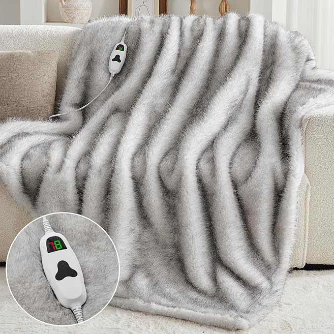 Heated Electric Blanket Twin, Octrot 60"X80" Faux Fur Heating Blanket Luxury Christmas Gifts Heavy Plush with 10 Heats Levels & 8 Hours Auto Off,Super Cozy Warm Fuzzy,Fluffy Decor Winter Warming,White