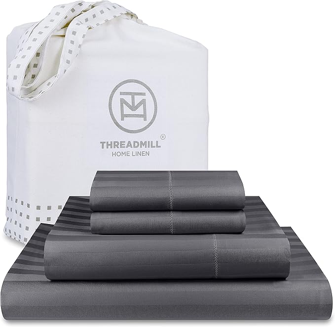 Threadmill 500 Thread Count Queen Size Damask Stripe, 4 Pc Luxury Cotton Sheet Set, Silky Smooth Dark Grey Sheets with 16" Elasticized Deep Pocket, 2 Pillowcases & Free Tote Bag