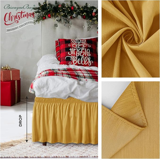 Biscaynebay Wrap Around Bed Skirts for Full & Full XL Beds 15" Drop, Christmas Gold Adjustable Elastic Dust Ruffles Easy Fit Wrinkle & Fade Resistant Silky Luxurious Fabric Machine Washable