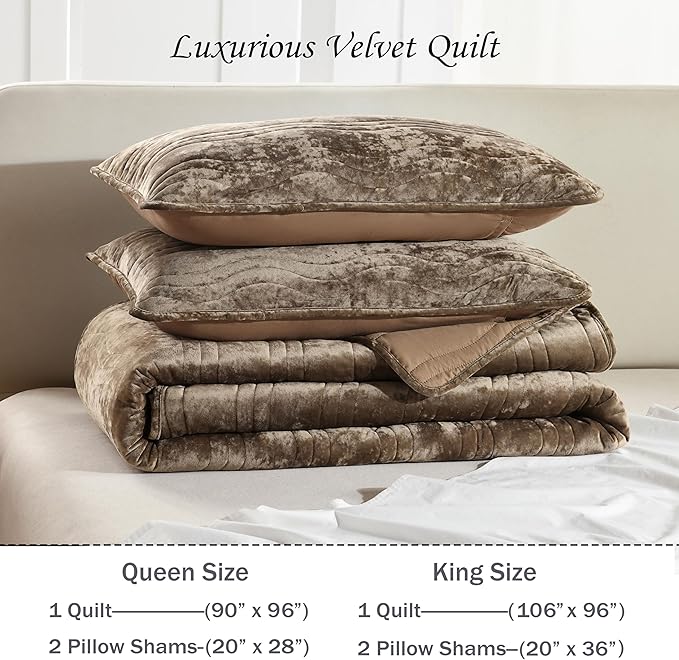 Velvet Quilt Set, Mocha Brown Velvet Quilt Queen Size Comforter Set, Luxury Bedding Soft Plush Bedspread, Machine Washable Coverlet, All-Season 3 Pieces