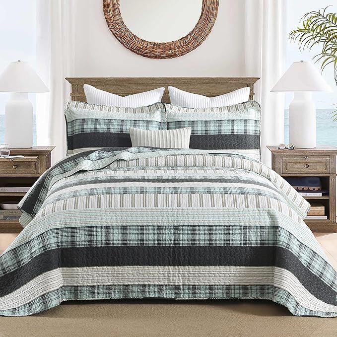 Homzard Queen Comforter Set，Cotton Quilts Queen Size，Teal Black Beige Bedding，Plaid Striped Bedspread，Lightweight Reversible Coverlet All Season 3 Pieces