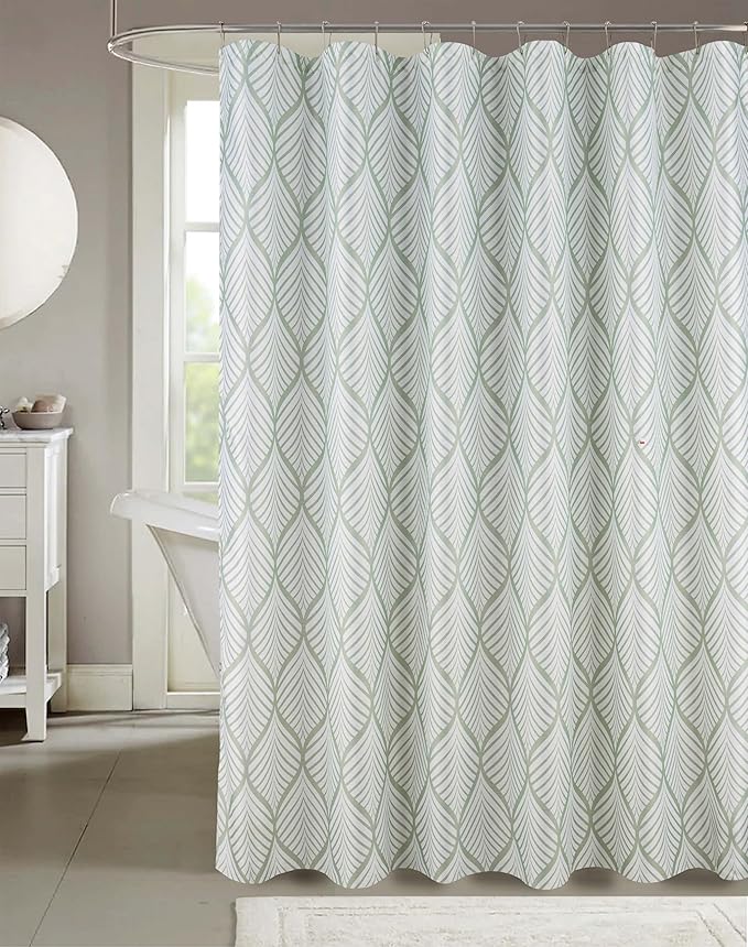 Serafina Home Hotel Quality Fabric Bathroom Shower Curtain: Tropical Palm Leaf - Sage Green and White (72 x 70 inches)