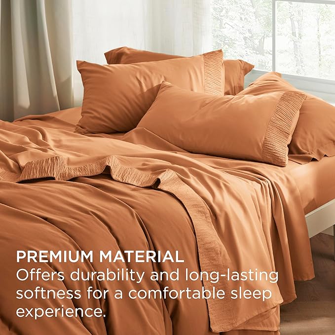 Bedsure Queen Sheet Set - 4 Pieces Soft Queen Size Sheets - Breathable & Cooling - Hotel Luxury - Easy Care Polyester Microfiber Bedding for Women, Men, Dusty Orange