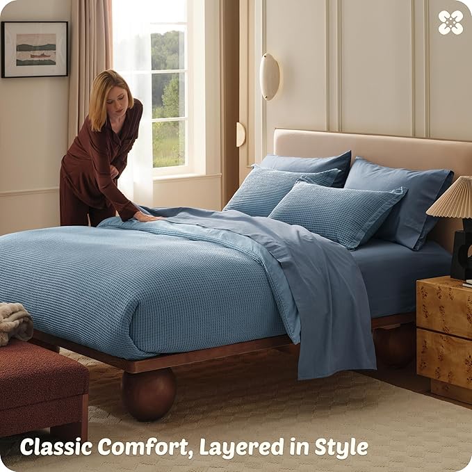Bedsure Cotton Duvet Cover Queen - 100% Cotton Waffle Weave Grey Blue Duvet Cover Queen Size, GentleSoft™ and Breathable Bedding Set for All Season, 3 Pieces, 90"x90"