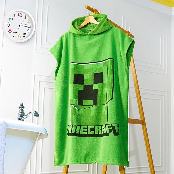 Minecraft Towelling Poncho Kids Teens Hooded Bath Towels Absorbent Beach Towel (Green, 6-9 Years)