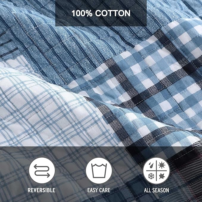 Eddie Bauer - Queen Quilt Set, Reversible Cotton Bedding with Matching Shams, Patchwork Plaid Bedding Set (Hawthorne Blue, Queen)