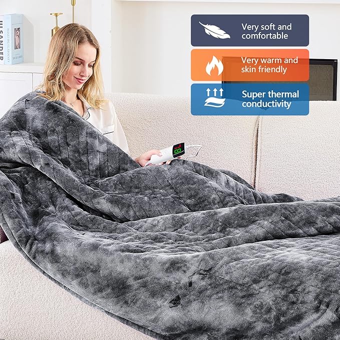 greenoak Heated Electric Blanket Throw, Faux Fur Sherpa Heating Blanket for Sofa Bed, Warm Winter Gift for Dad/Grandma, Heater Lap Blankets 5-Position Timer &10 Heating Levels 72''*84" Marble Grey