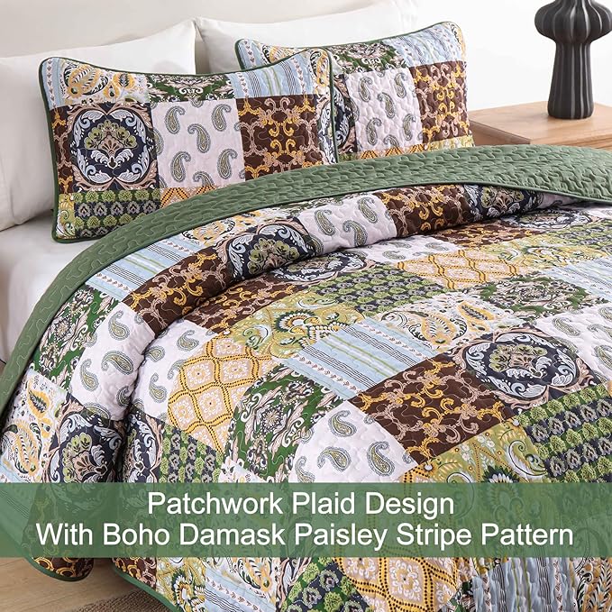 WONGS BEDDING Boho Quilt Set Queen Size, Plaid Patchwork Bedspread Bedding Set Soft Microfiber Quilt for Queen Bed Reversible 3 Pieces Coverlet Set for All Season (Brown Olive 96"x90")