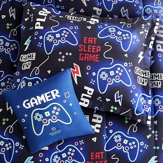 Kids Comforter Set Full Size for Boys, Glow in The Dark Gamer Bedding Set 1 Comforter, 1 Decor Pillow, 2 Pillow Shams