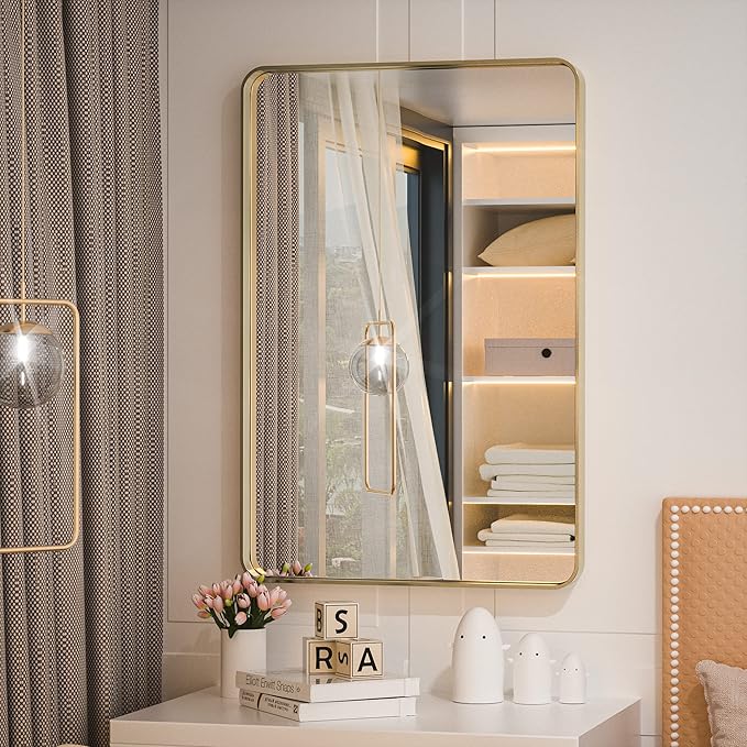 TETOTE Brushed Gold Bathroom Mirror, 24 x 36 Inch Metal Framed Mirror, Brushed Brass Rectangle Wall Mounted Golden Vanity Mirror (Horizontal/Vertical)