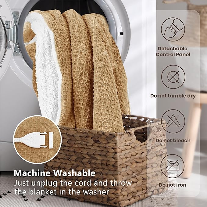 Heated Blanket Electric Blanket King Waffle, 90x100 Inches Dual Controllers Sherpa Fleece Fast Heating Blanket 6 Heating Levels & 10 Hours Auto Off ETL Certification, Caramel King
