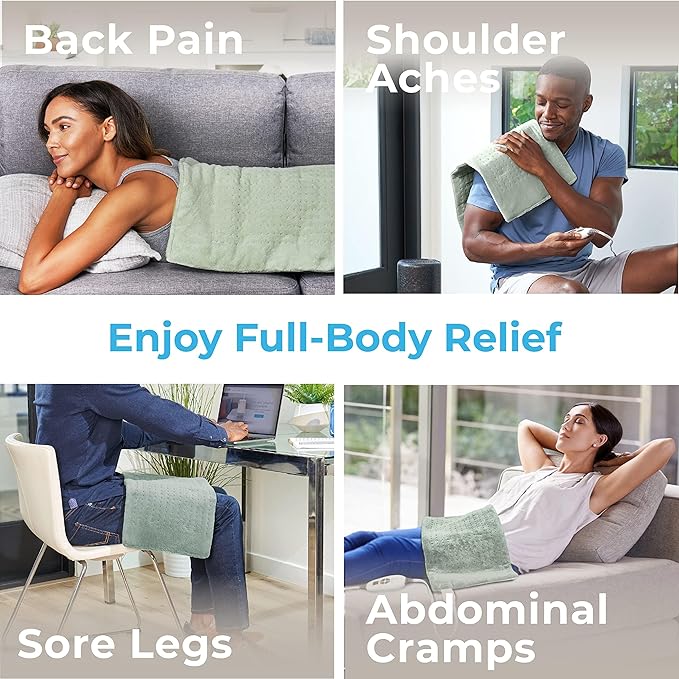 Pure Enrichment PureRelief XL Heating Pad - 12" x 24" Electric Heating Pad for Back Pain & Cramps, 6 Heat Settings, FSA/HSA Eligible, Soft Machine Wash Fabric, Auto-Off & Moist Heat (Zen Green)