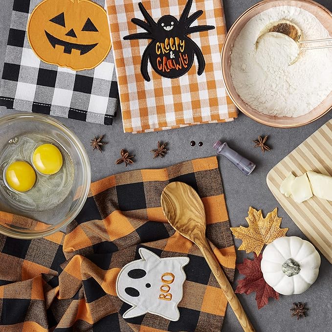 DII Happy Halloween Dishtowel Collection Embellished Cotton Kitchen Hand Towel Set, 18x28, Spooky Farmhouse Buffalo Check, 3 Count