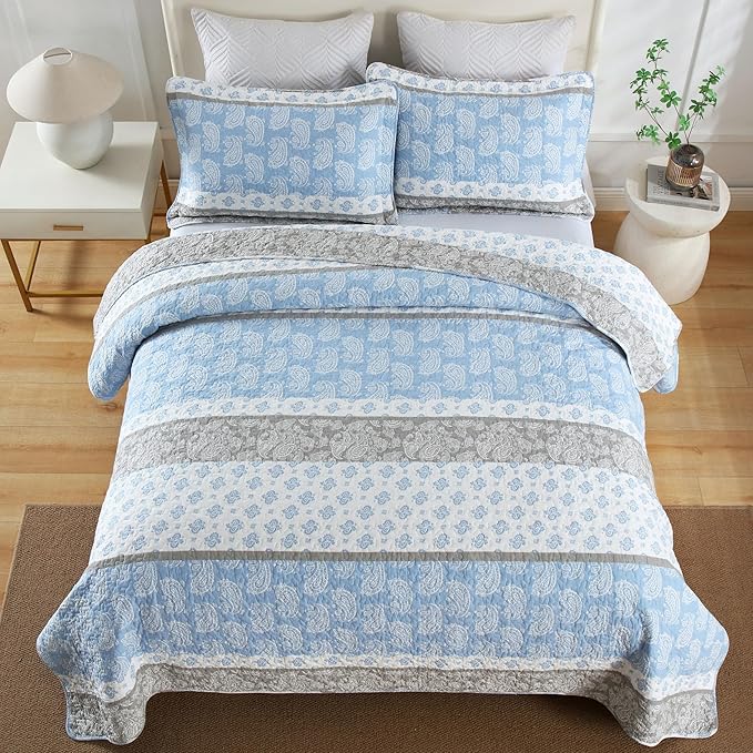 Cotton Quilts Queen Size, Blue Comforter Set, Farmhouse Striped Bedspreads Queen Size,Bohemian Bedding Comforter Sets,All Seasons 3 Pieces
