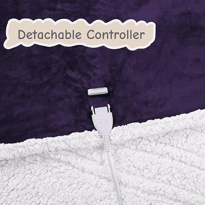 Electric Heated Blanket Queen Size 84"x90", Soft Flannel with Dual Controllers & Overheat Protection, 6 Adjustable Heat Settings & 10-Hour Auto-Off Timer, Fast Heating for Winter Comfort, Dark Purple