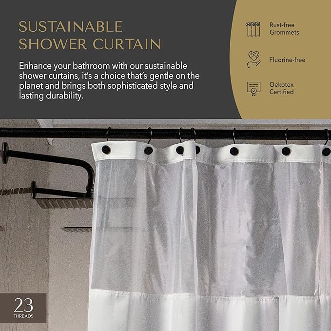 23 THREADS Fabric Shower Curtain for Bathroom, Water Resistant, Made from Sustainable Yarns, White, Herringbone Weave, with Window