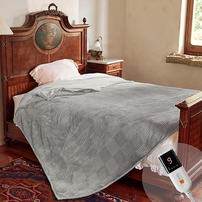 Electric Blanket Twin Size 62''X84'' - Heated Blanket with Single Control Fast Heating 9 Heating Levels & 10 Hours Auto Off,ETL Certified Machine Washable (Grey)