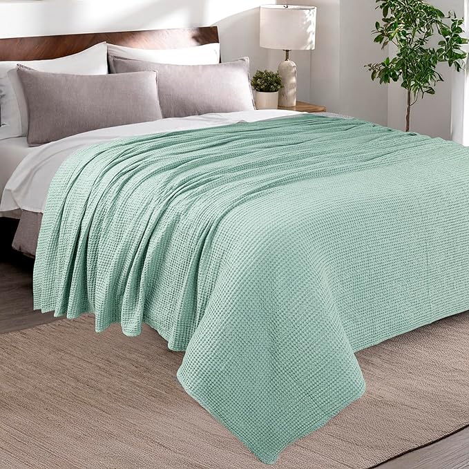HILLFAIR 100% Combed Cotton Blanket– Twin Size Bed Warm Soft All Season Breathable Lightweight Summer Blankets– Waffle Weave Home Decor Bed Blanket- Sage Twin Cotton Blankets/Bedcovers