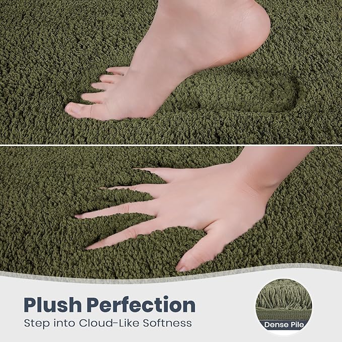 PURRUGS Bathroom Rug Non-Slip Machine Washable 24" x 60", Super Absorbent and Quick Dry Shaggy Microfiber Bath Mat, Extra Soft and Plush Bath Rug for Bathtub, Shower and Sink, Olive Green