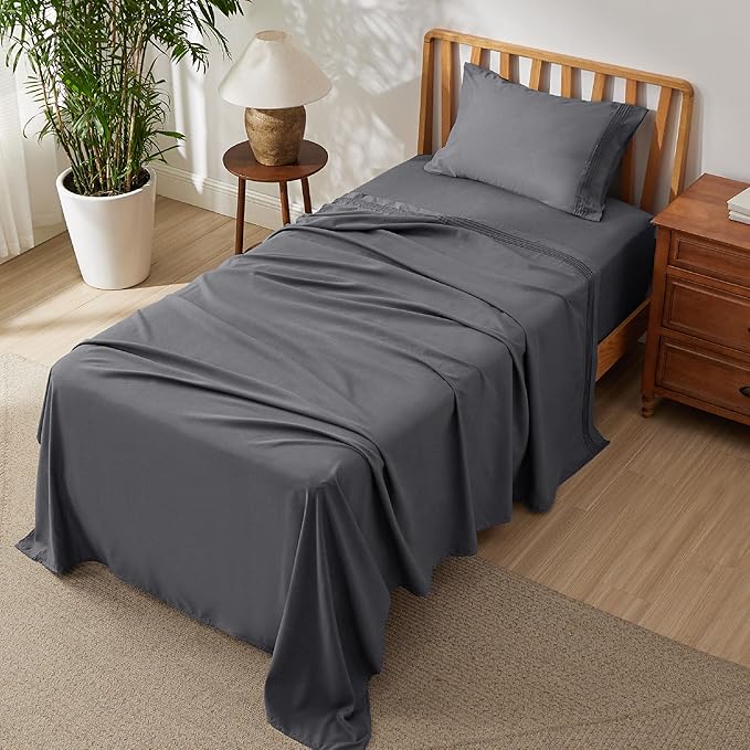 Bedsure Deep Pocket Twin Sheets Set - Fits Mattresses Up to 21 Inches Thick -3 Piece GentleSoft Bed Sheets, Moisture Wicking, Soft & Cooling Bedsheet & Pillowcases, Easy & Secure Fit, Dark Grey
