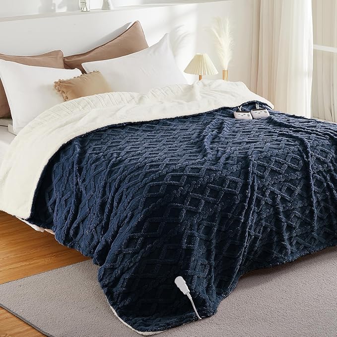 CAROMIO Electric Blanket King Size Dual Control - Thick Tufted Sherpa Heated Blanket King with 10 Heating Levels and 10 Time Settings, ETL Certified Fast Heating Blanket King Size 90"×100", Navy Blue