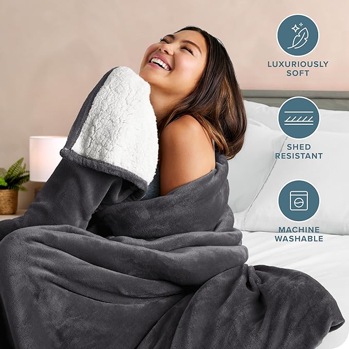 Bare Home Sherpa Fleece Blanket - Full/Queen Size - Blanket for Bed, Sofa, and Couch - Warm & Lightweight - Fluffy & Soft - Reversible (Full/Queen, Forged Iron Grey)