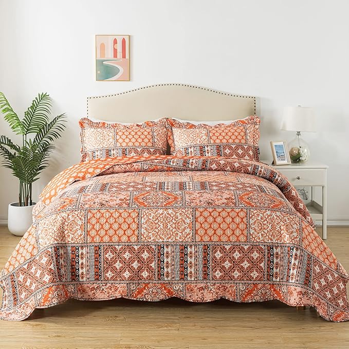HoneiLife King Quilt Bedding Set - 3 Pieces Vintage Quilt Sets Microfiber Bedspreads Floral Coverlets Retro Bed Cover All Season Quilts-Pumpkin