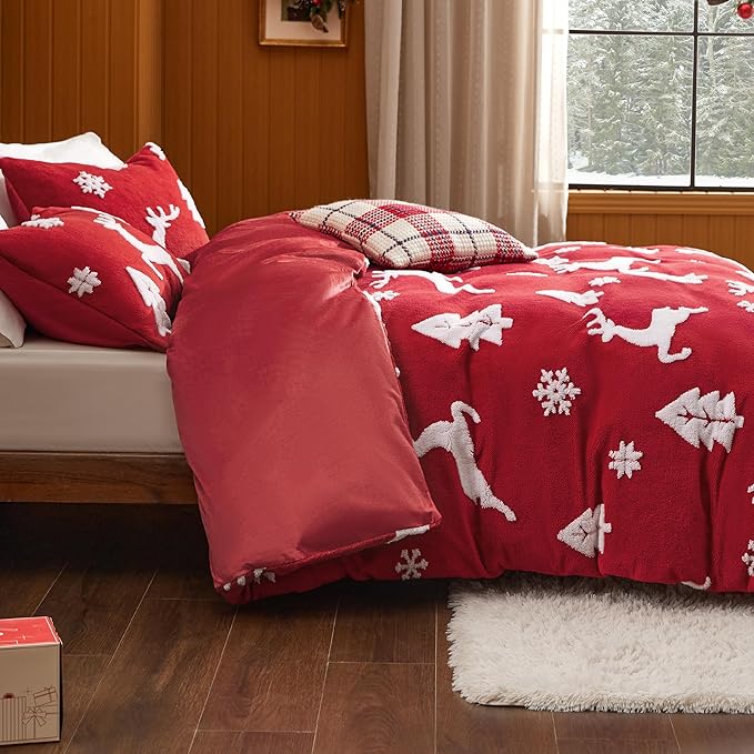 Bedsure Fluffy Christmas Duvet Cover Set - Ultra Soft Plush Shaggy Comforter Cover Twin Size, Warm Flannel Fleece Bed Sets for Winter, 2 Pieces, Reindeer Pattern, Red