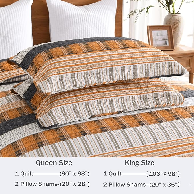 Homzard King Comforter Set,Cotton King Size Quilt，Caramel Orange Black King Bedding Set，Plaid Striped Bedspread Set，Lightweight Reversible Bed Set 3 Pieces