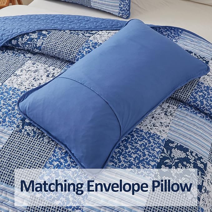 Mybedsoul Blue Boho Quilt Set Queen Size,3 Pieces Plaid Floral Bedspread Coverlet Set for All Season,Patchwork Reversible Bedding Set Queen 90"x96"