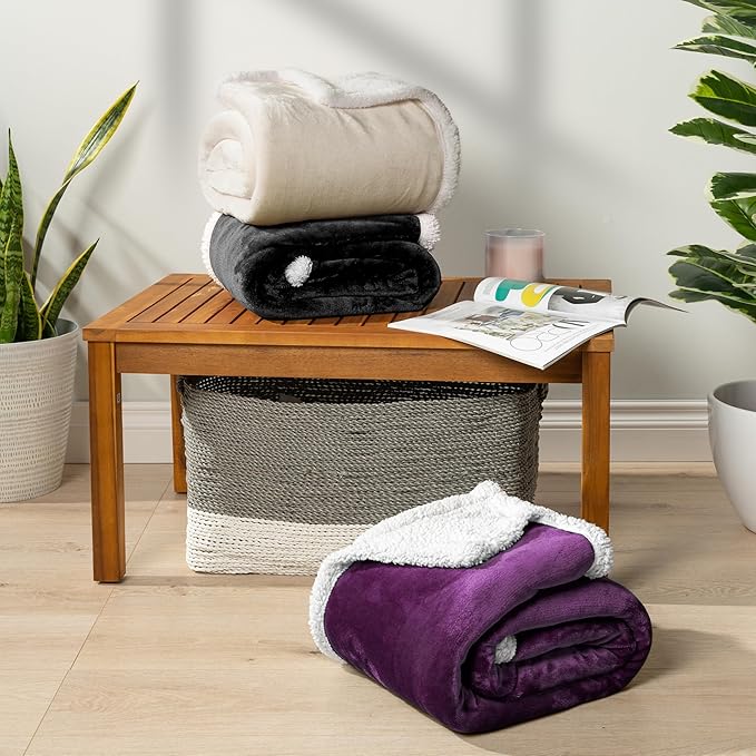 PAVILIA Sherpa Fleece Throw Blanket for Couch, Purple, Plush Soft Fuzzy Sofa Blanket, Cozy Reversible Winter Throw for Women Men, 50x60 Inches